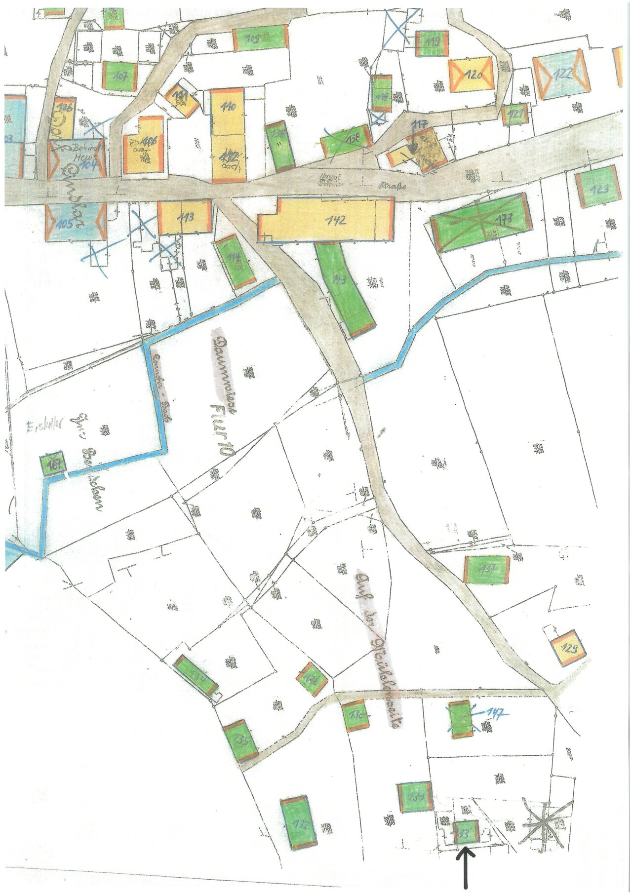 Katasterplan, um 1900, Ausschnitt -mit Pfeil-, Katasteramt des Oberbergischen Kreises