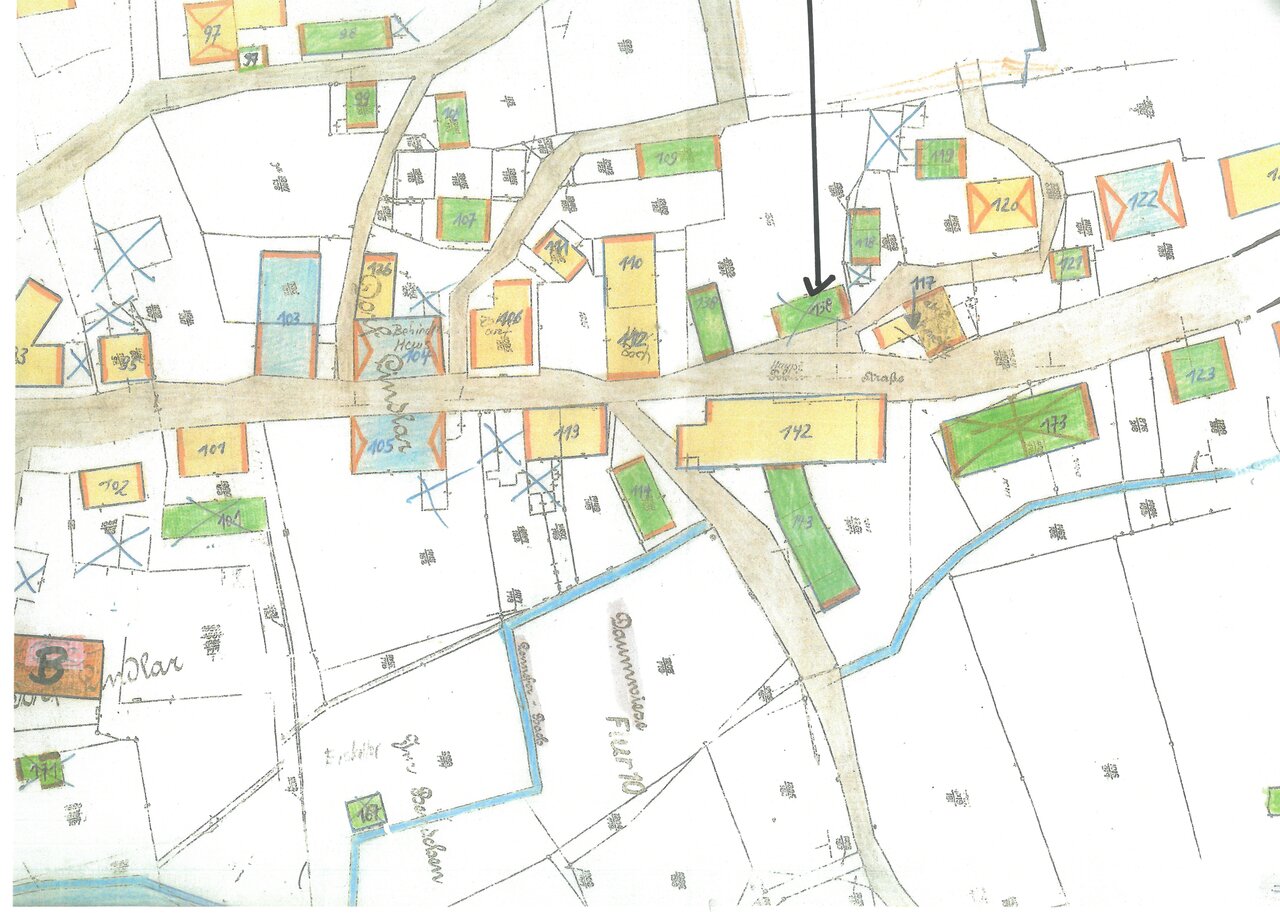 Katasterplan um 1900, Ausschnitt -mit Pfeil-, Katasteramt des Oberbergischen Kreises