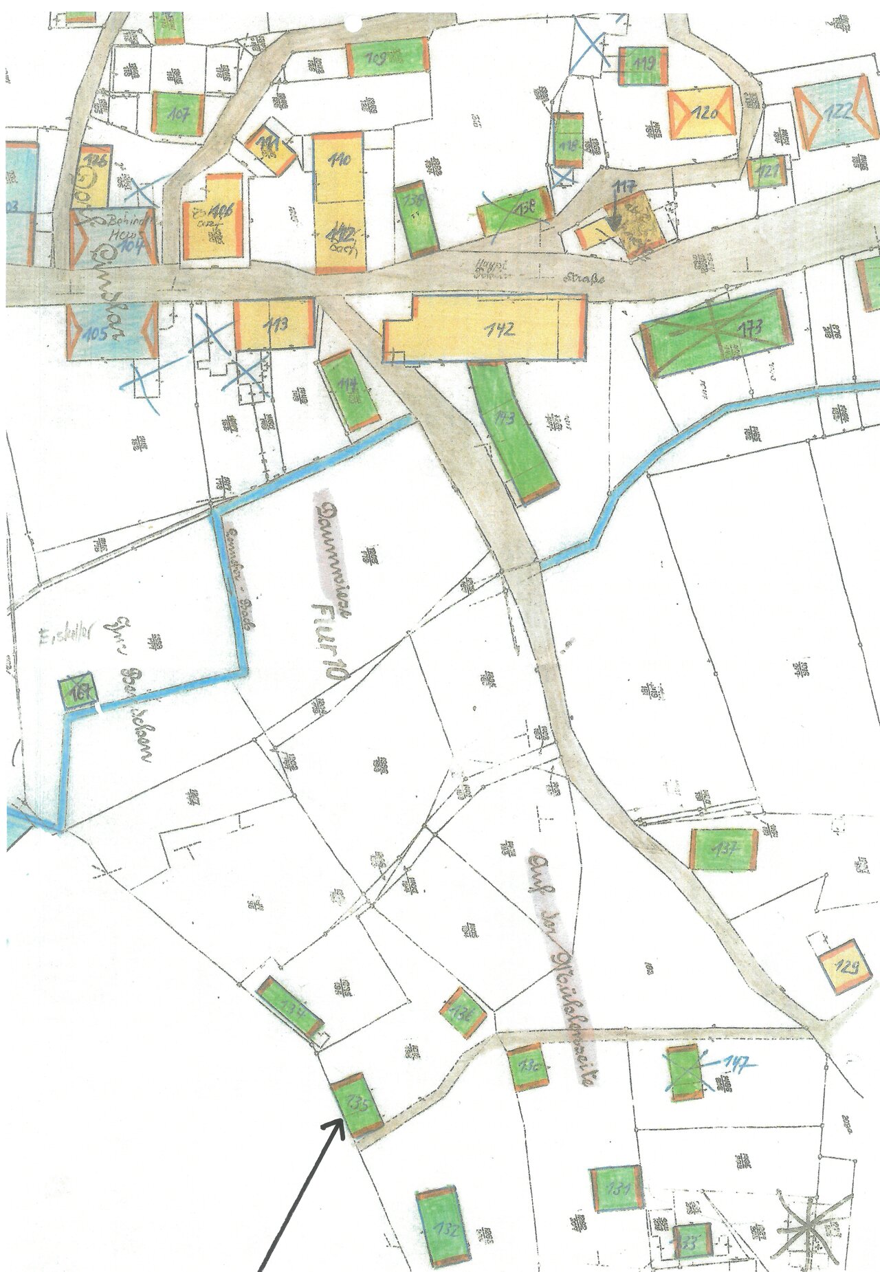 Katasterplan, um 1900, Ausschnitt -mit Pfeil-, Katasteramt des Oberbergischen Kreises