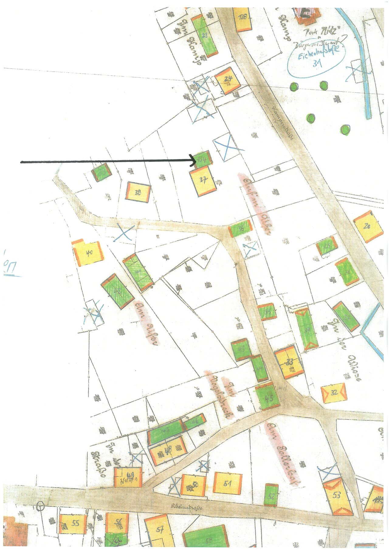 Katasterplan, Ausschnitt -mit Pfeil-, um 1900, Katasteramt des Oberbergischen Kreises