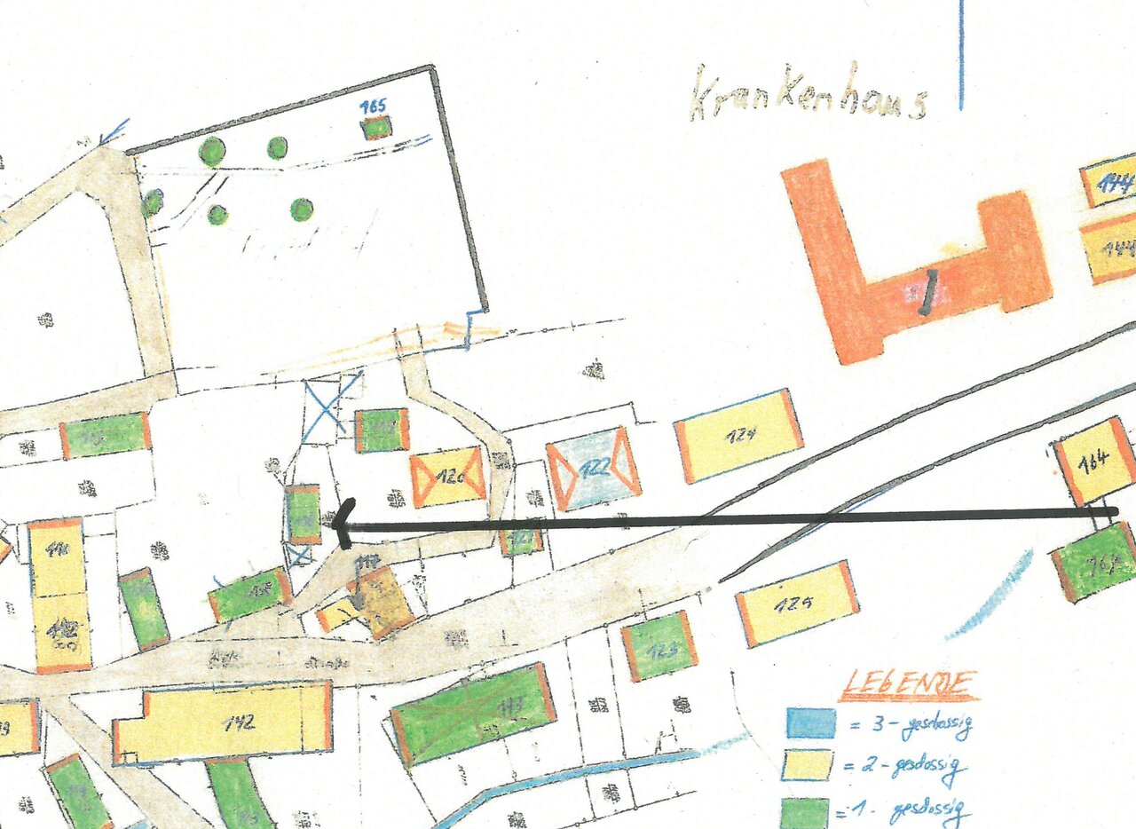 Katasterplan, Ausschnitt -mit Pfeil-, um 1900, Katasteramt des Oberbergischen Kreises