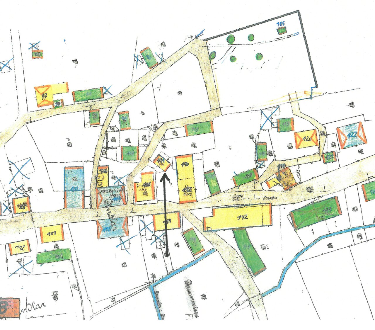 Katasterplan, Auszug -mit Pfeil-, um 1900, Katasteramt des Oberbergischen Kreises