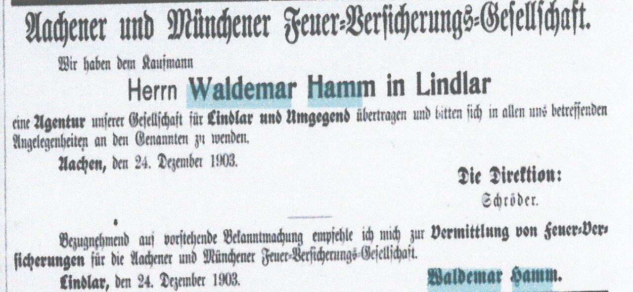 Werbeanzeige, 1903, Bergische Wacht