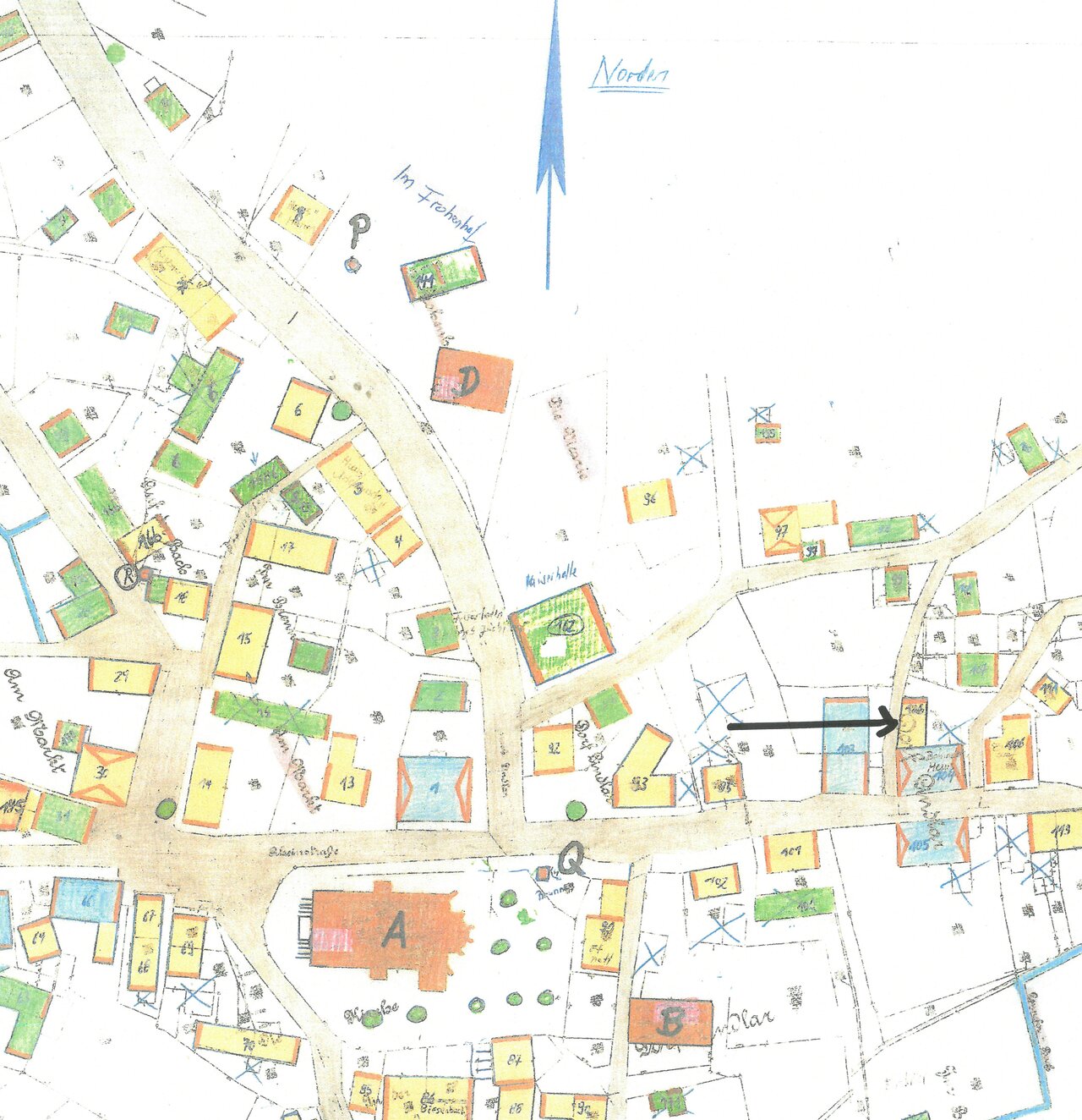 Katasterplan, um 1900, Ausschnitt -mit Pfeil-, Katasteramt des Oberbergischen Kreises