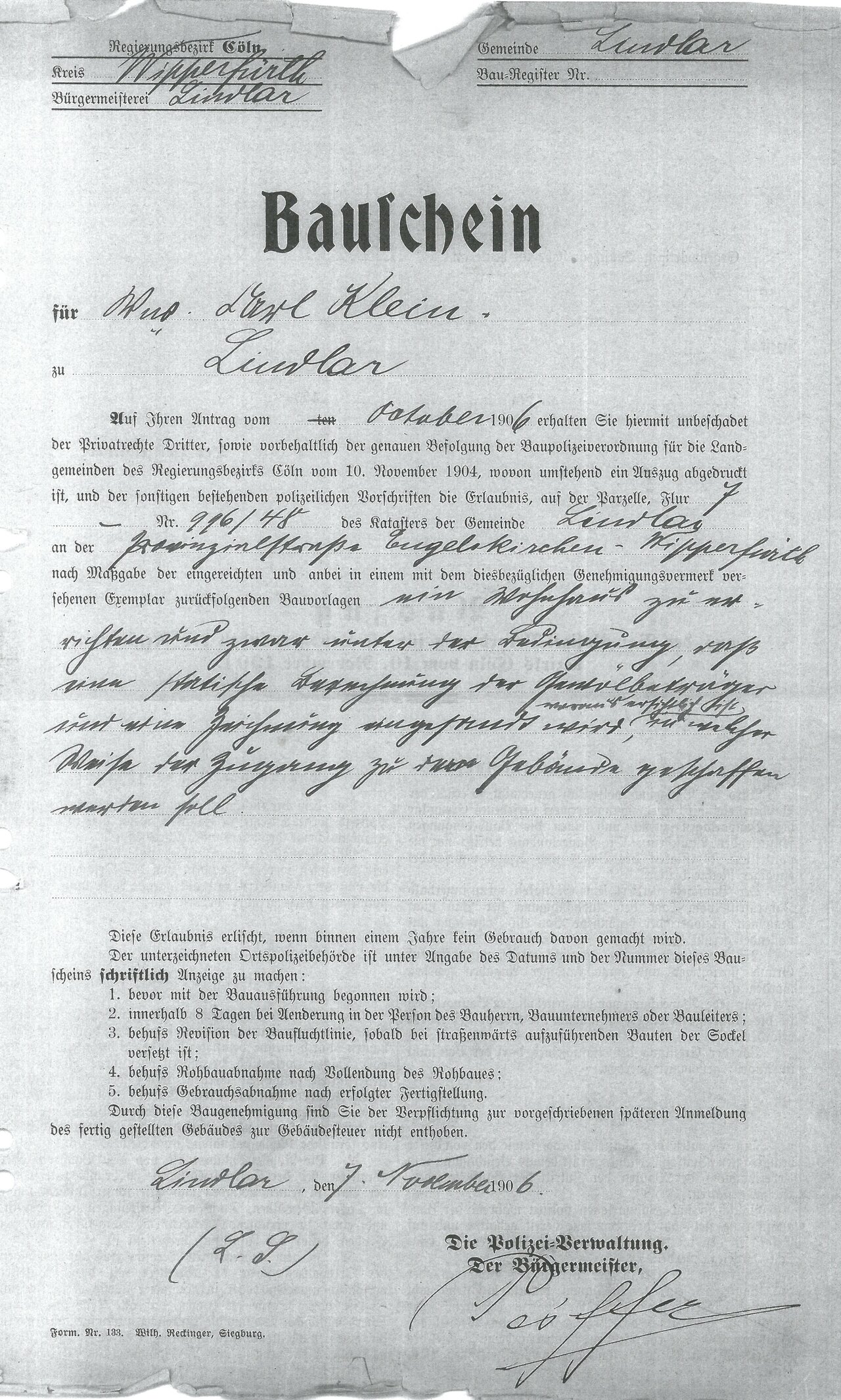 GAL Zwischenarchiv Nr. 15768, 1906, Kopie des Bauscheins