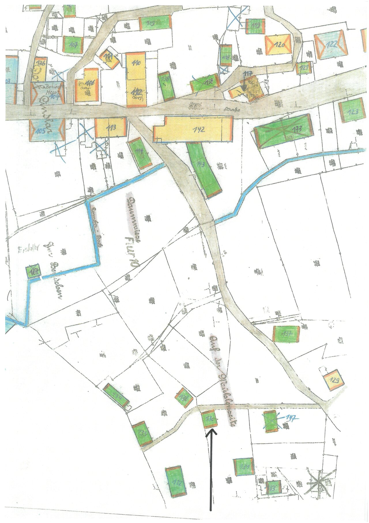 Katasterplan, um 1900, Ausschnitt -mit Pfeil-, Katasteramt des Oberbergischen Kreises