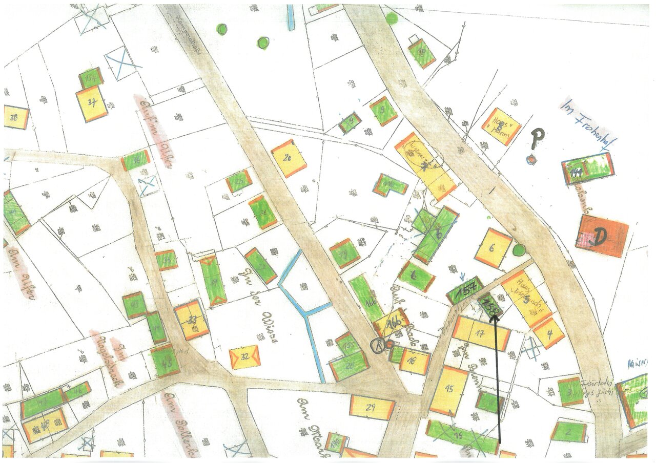 Katasterplan, Ausschnitt -mit Pfeil-, um 1900, Katasteramt des Oberbergischen Kreises