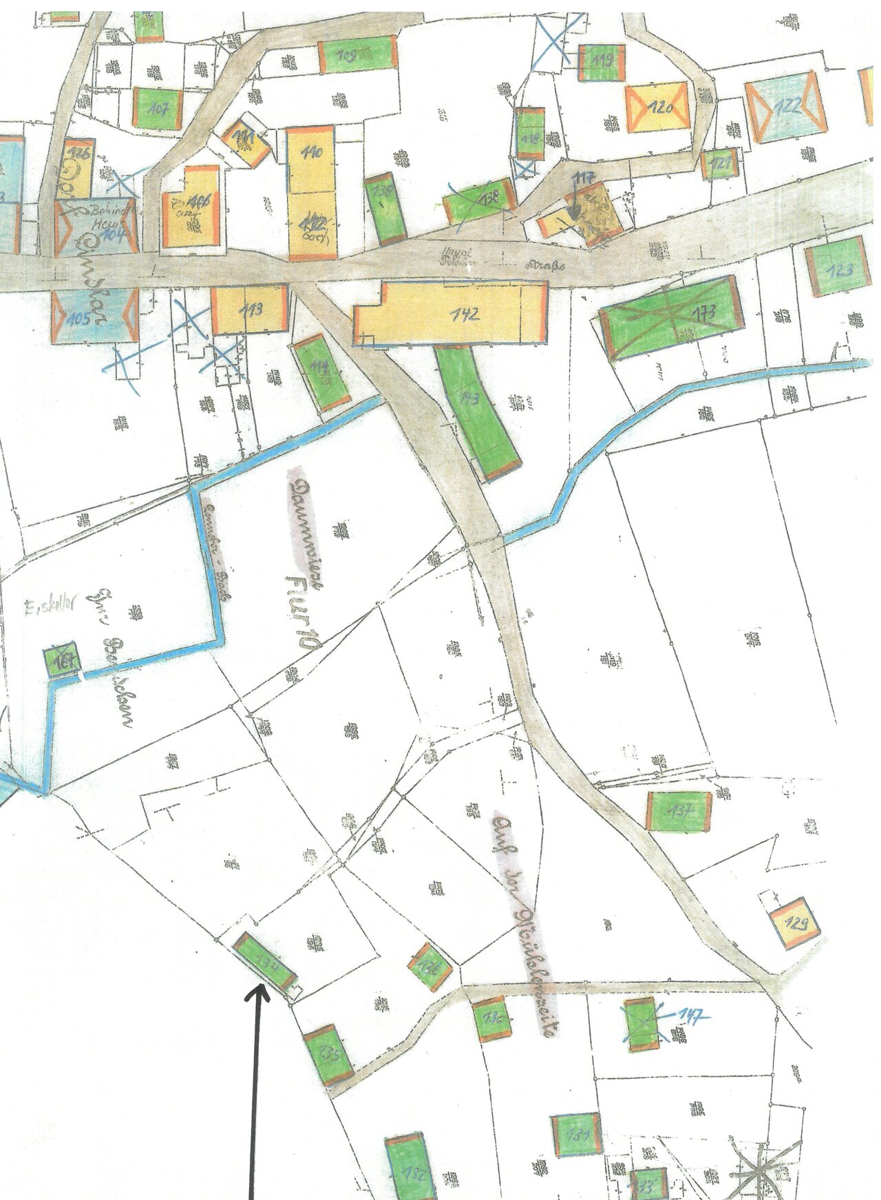 Katasterplan, um 1900, Ausschnitt -mit Pfeil-, Katasteramt des Oberbergischen Kreises