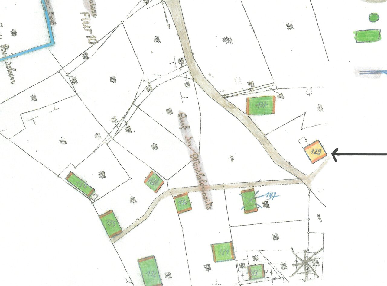 Katasterplan, Ausschnitt -mit Pfeil-, um 1900, Katasteramt des Oberbergischen Kreises