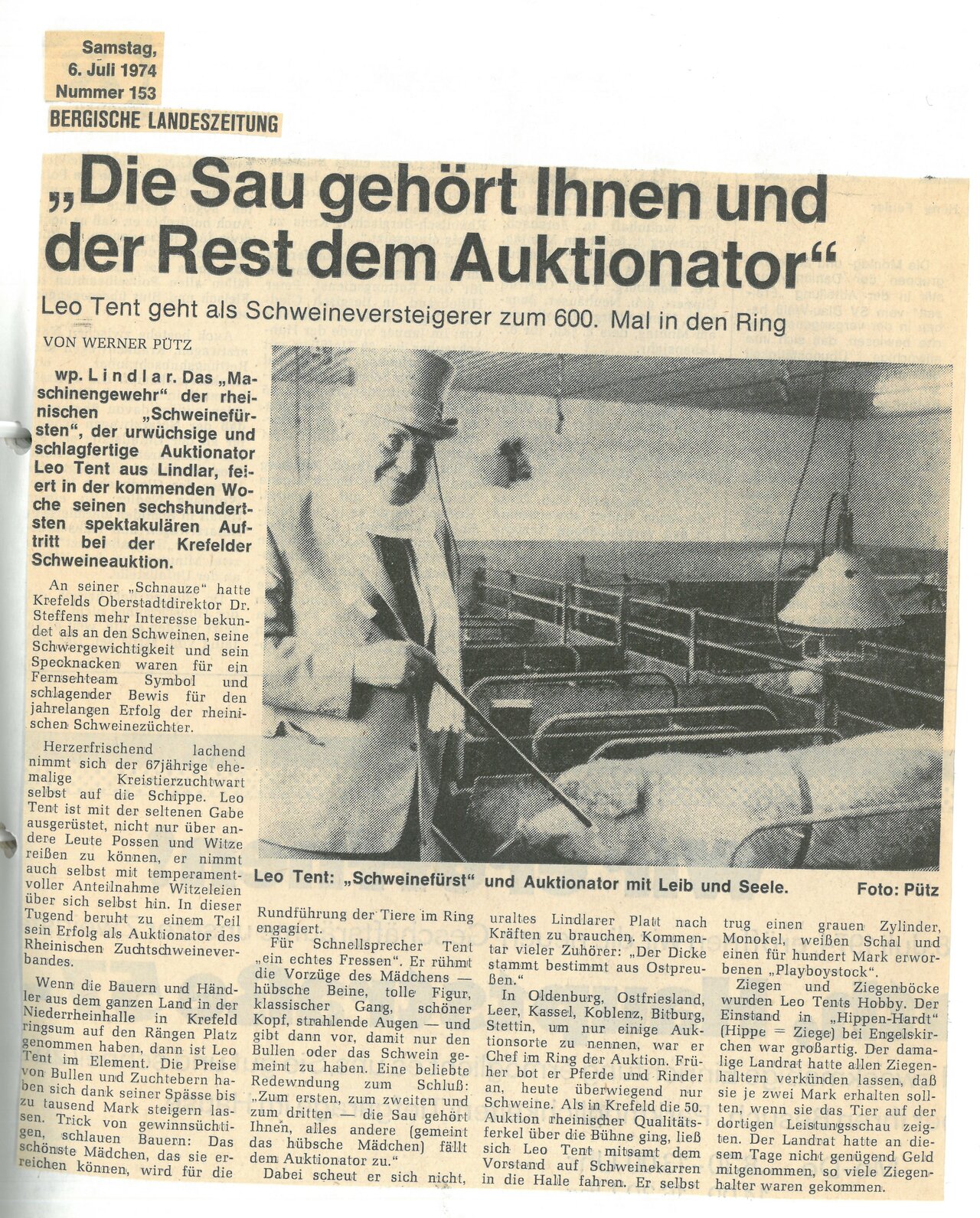 Zeitungsartikel Bergische Landeszeitung, 06.07.1974, Bergische Landeszeitung aus GAL Sammlung Ursula Homberg Nr. 193