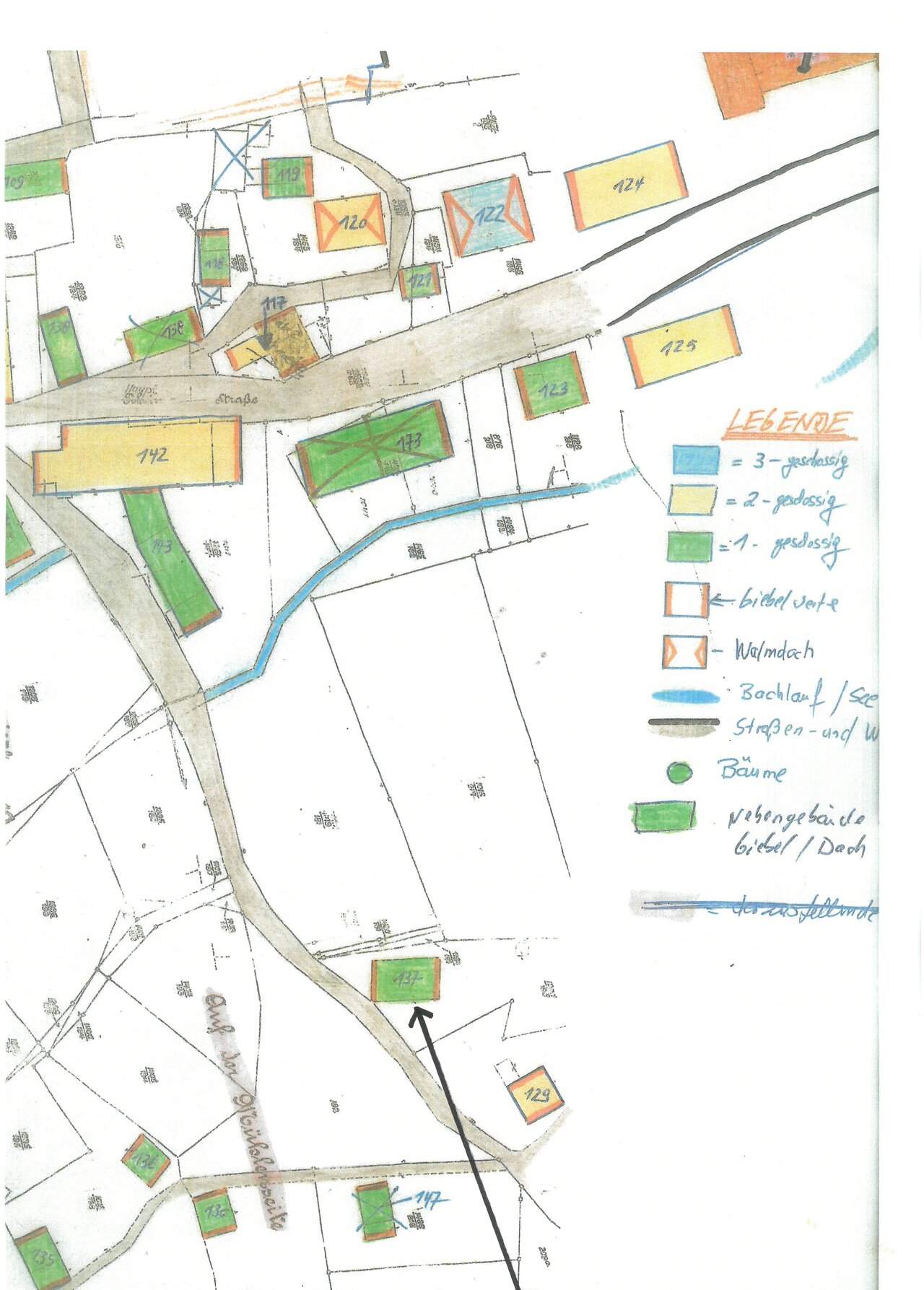 Katasterplan, Ausschnitt -mit Pfeil-, um 1900 Katasteramt des Oberbergischen Kreises
