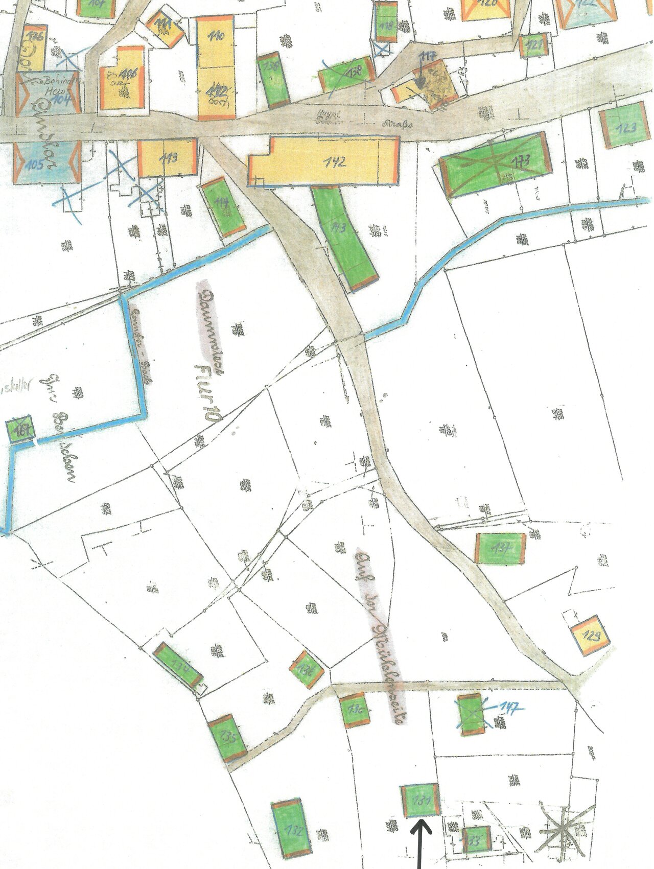 Katasterplan, um 1900, Ausschnitt -mit Pfeil-, Katasteramt des Oberbergischen Kreises