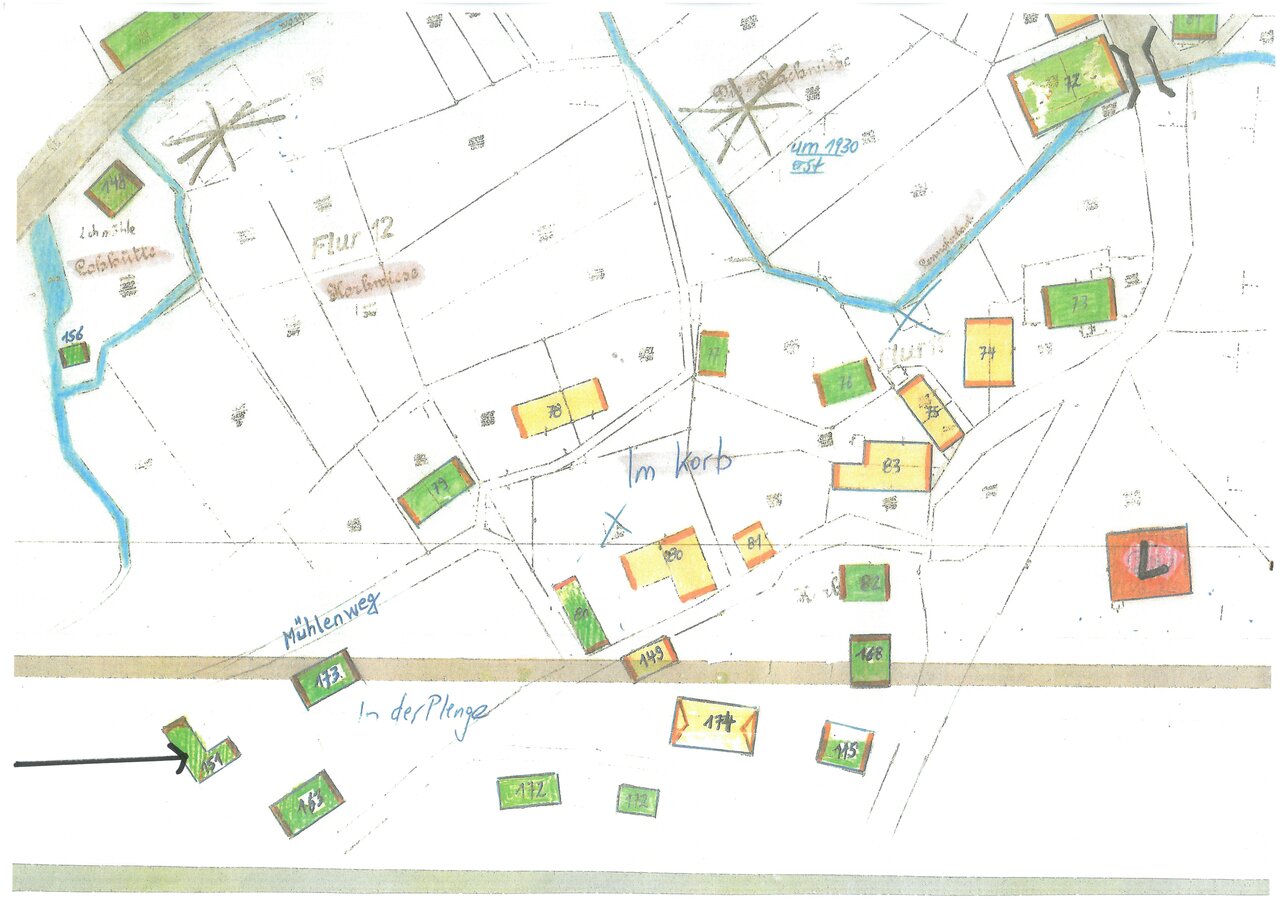 Katasterplan, Ausschnitt -mit Pfeil-, um 1900, Katasteramt des Oberbergischen Kreises