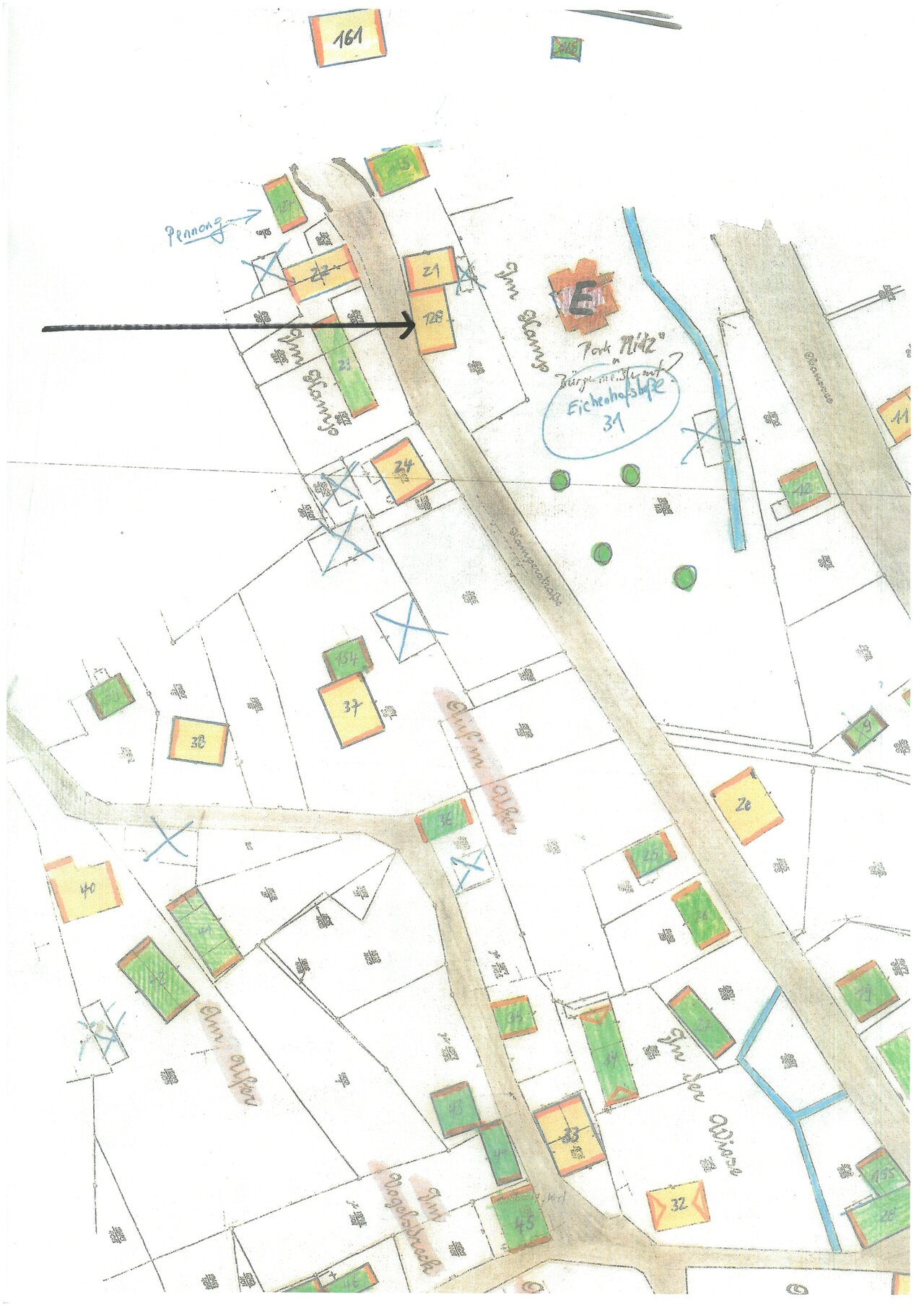 Katasterplan, um 1900, Ausschnitt -mit Pfeil-, Katasteramt des Oberbergischen Kreises