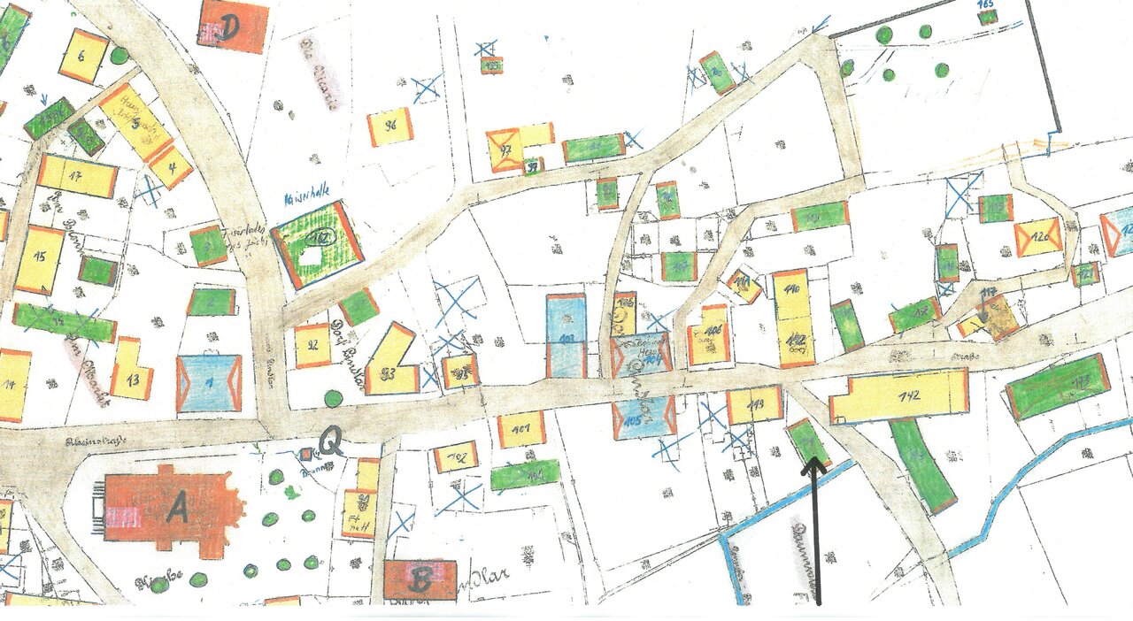 Katasterplan, Ausschnitt -mit Pfeil-, um 1900, Katasteramt des Oberbergischen Kreises