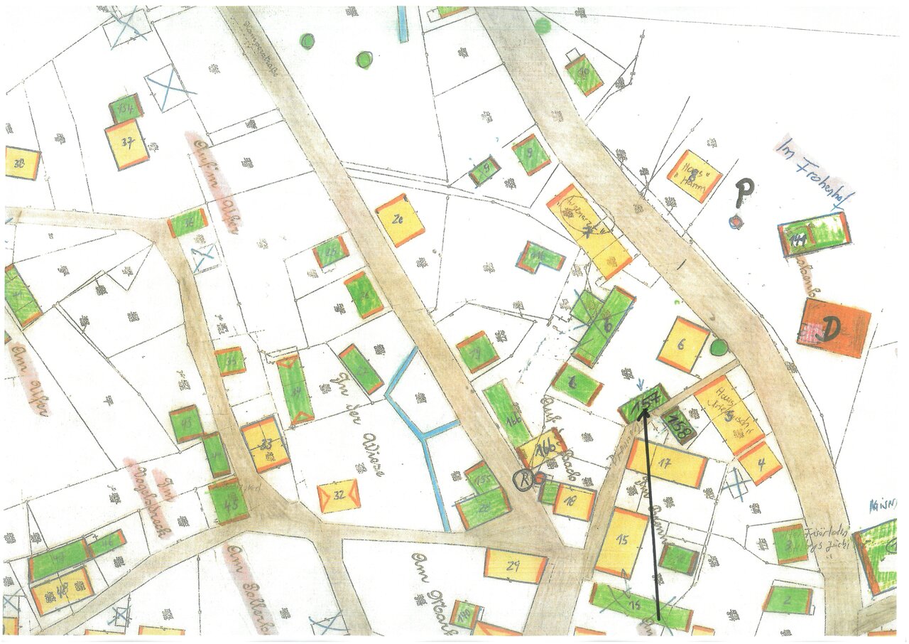 Katasterplan, Ausschnitt -mit Pfeil-, um 1900, Katasteramt des Oberbergischen Kreises