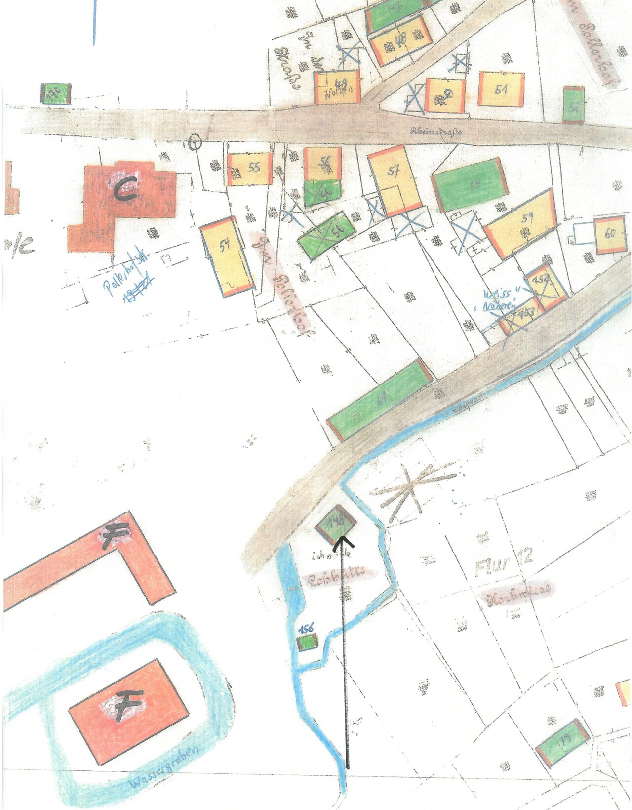 Katasterplan, Ausschnitt -mit Pfeil-, um 1900, Katasteramt des Oberbergischen Kreises