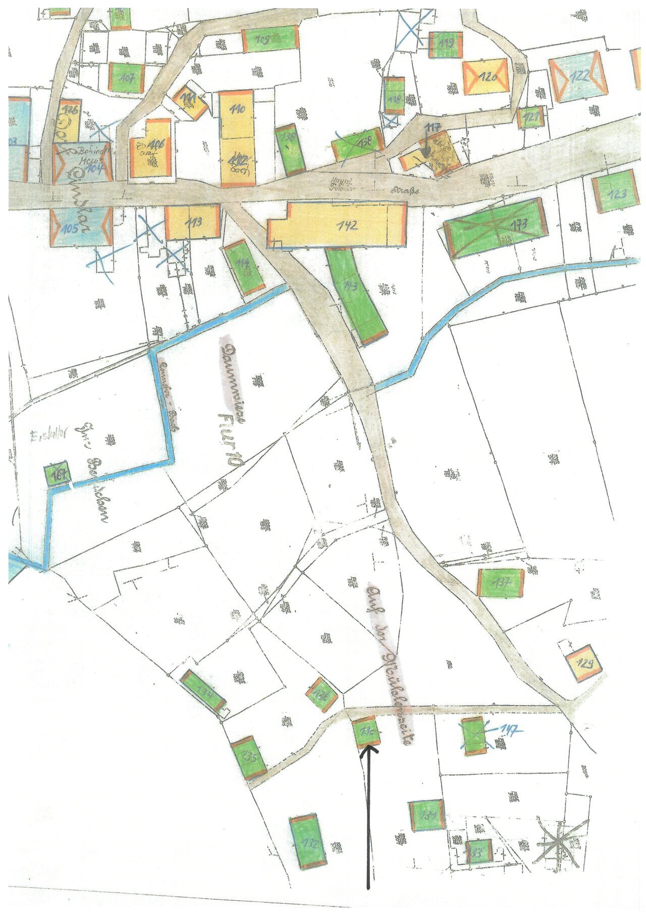 Katasterplan, um 1900, Ausschnitt -mit Pfeil-, Katasteramt des Oberbergischen Kreises