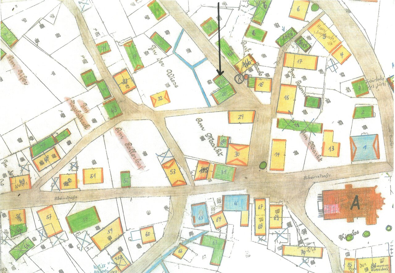 Katasterplan, Ausschnitt -mit Pfeil-, um 1900, Katasteramt des Oberbergischen Kreises