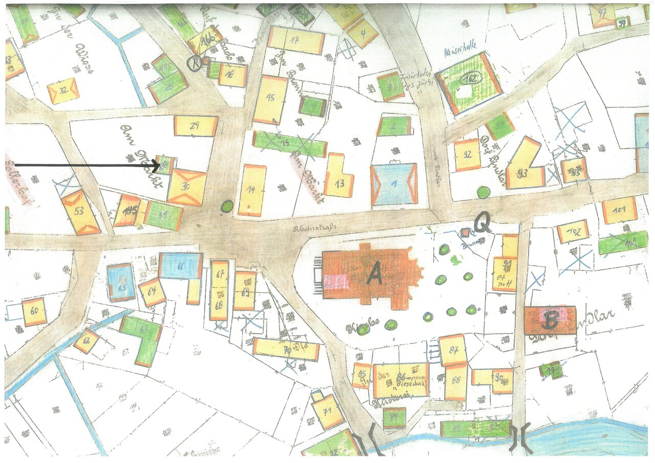 Katasterplan, Ausschnitt -mit Pfeil-, um 1900, Katasteramt des Oberbergischen Kreises